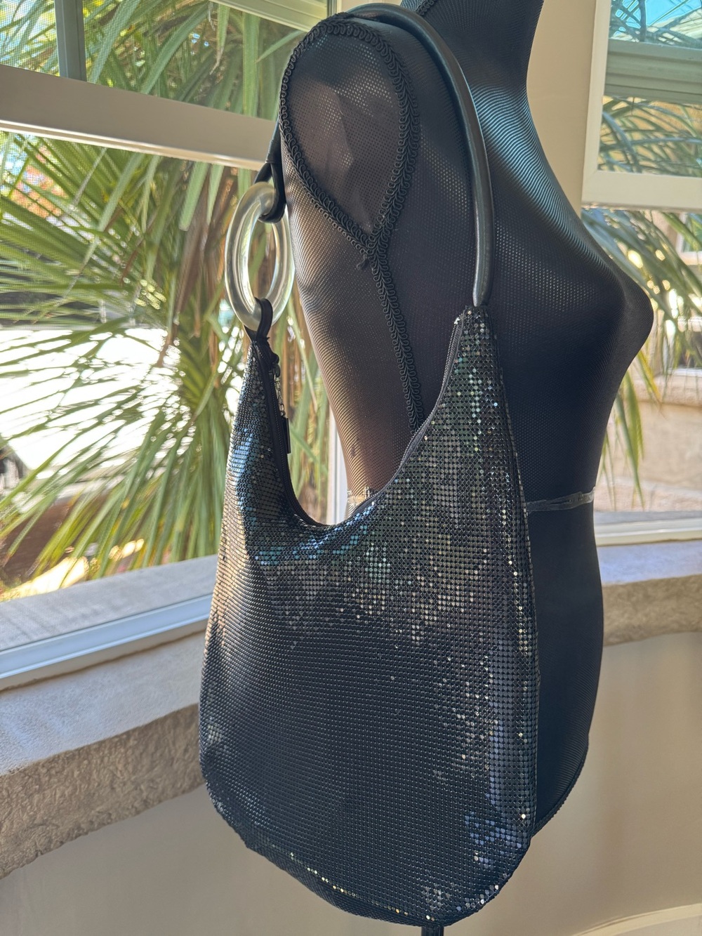 Whiting & Davis Vintage Black Metal Mesh Lucite Loop Hobo Shoulder Bag Purse